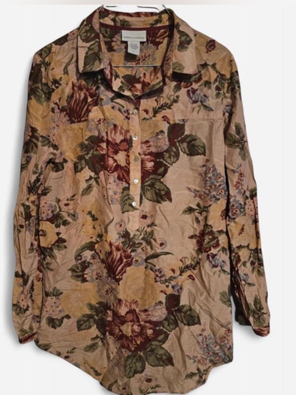Soft Surroundings Floral Button-Down Shirt in Tan with Green and Burgundy